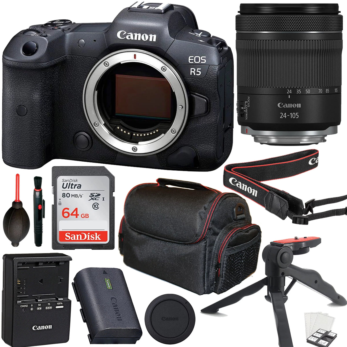EOS R5 Mirrorless Camera with RF 24-105mm f/4-7.1 IS STM Lens + 64GB Memory Card + Tripod + Case & More