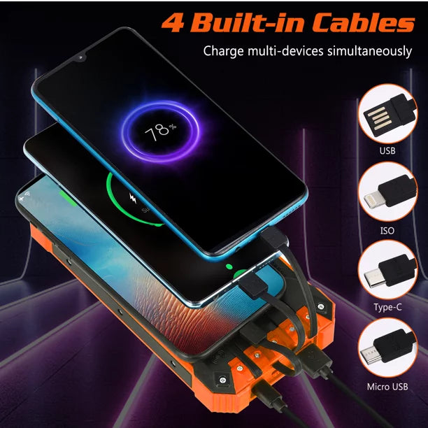 Solar Power Bank 20000mAh Built-in 4 Cables Qi Wireless Charger For BLU G50 Mega with LED Flashlight Solar Portable External Battery IPX4 Fluid 15W 5V/3A USB C Port 6 Outputs 3 Inputs