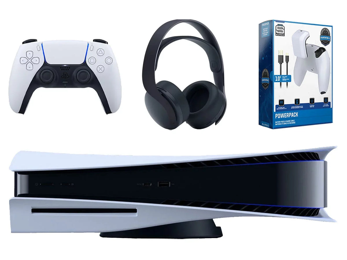 Playstation 5 Disc Version Console with Black PULSE 3D Wireless Gaming Headset and Surge PowerPack PS5 Battery Pack & Charge Cable