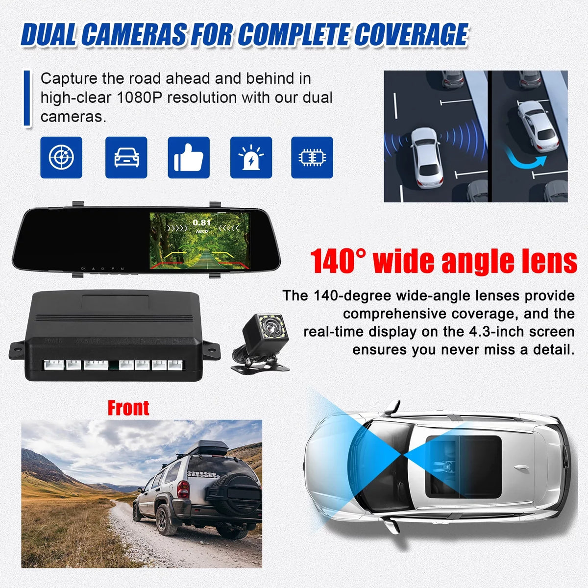 Apexeon Dash Camera,Camera 4.3 Inch Display Support Dash Camera Radars Rear 4.3 Inch Rear Dual Reverse 1080P DVR Dash Dual Camera Reco Dazzduo Dash Cam Rear