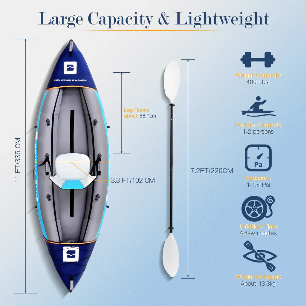 BRIGHT BLUE Inflatable Touring White Fluid Paddling Kayak 1-2 Persons sit-on with Paddles,Hand Pump,Backpack,Fins
