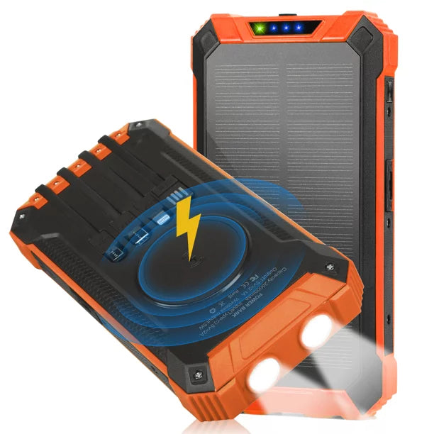 Solar Power Bank 20000mAh Built-in 4 Cables Qi Wireless Charger For BLU G50 Mega with LED Flashlight Solar Portable External Battery IPX4 Fluid 15W 5V/3A USB C Port 6 Outputs 3 Inputs