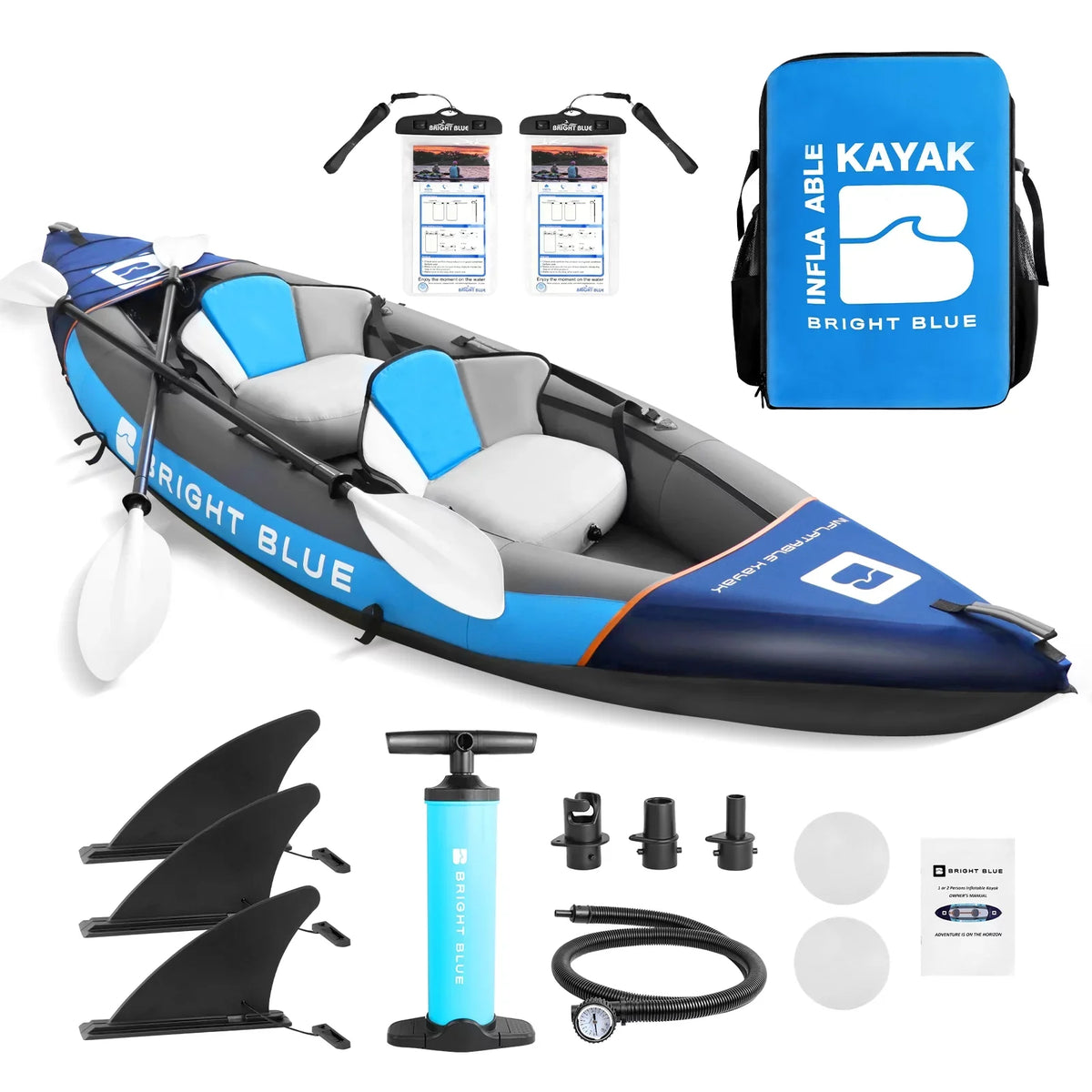 BRIGHT BLUE Inflatable Touring White Fluid Paddling Kayak 1-2 Persons sit-on with Paddles,Hand Pump,Backpack,Fins