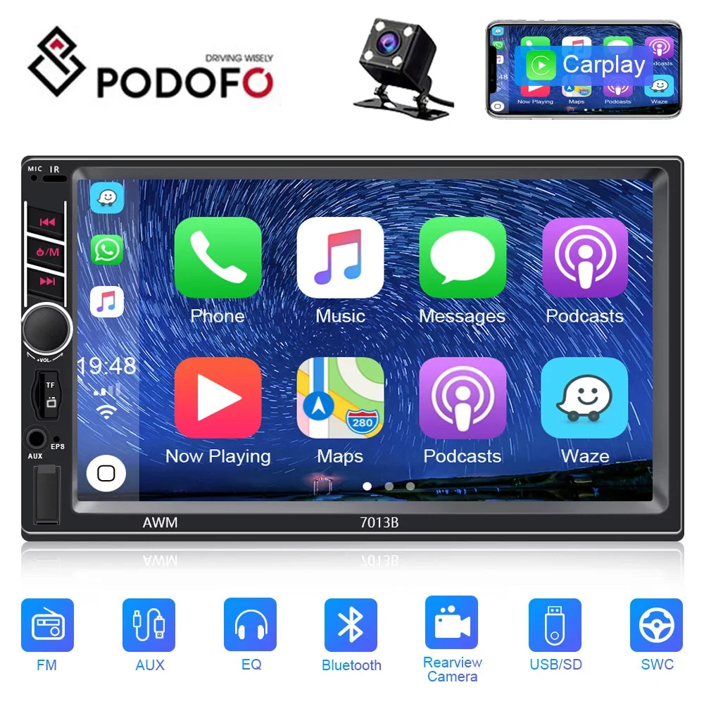 Podofo 2 Din Car Stereo with D-play 7 inch Touch Monitor Car MP5 Player Car Radio Bluetooth USB with 4 LED Rear View Camera