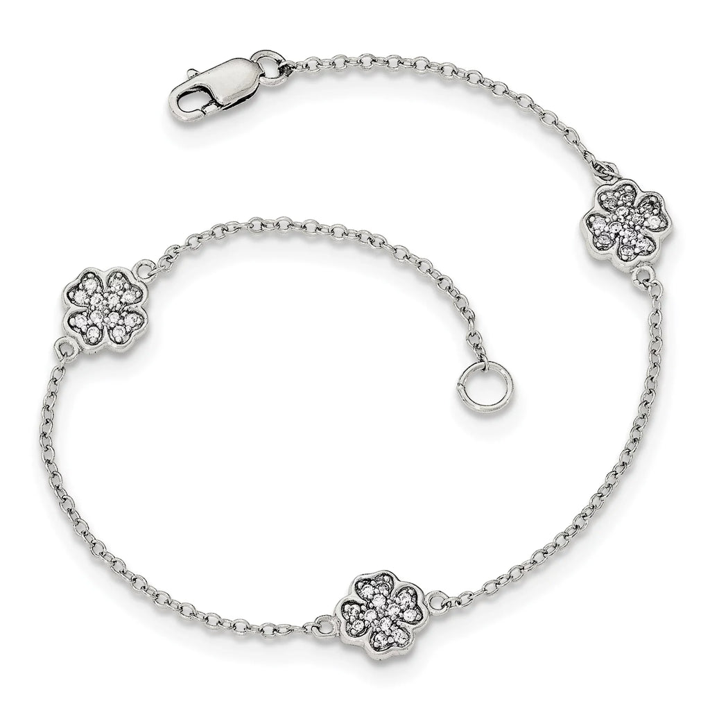 Beautiful Sterling Silver Polished CZ Four Leaf Clover Bracelet