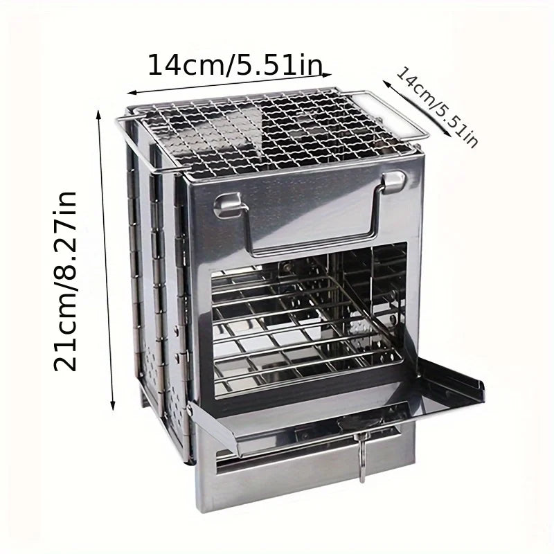 Portable Folding Camping Wood Stove For Outdoor Cooking, Sturdy Lightweight Stainless Steel Wood Burning Camp Stove With Grill For Backpacking BBQ Picnic