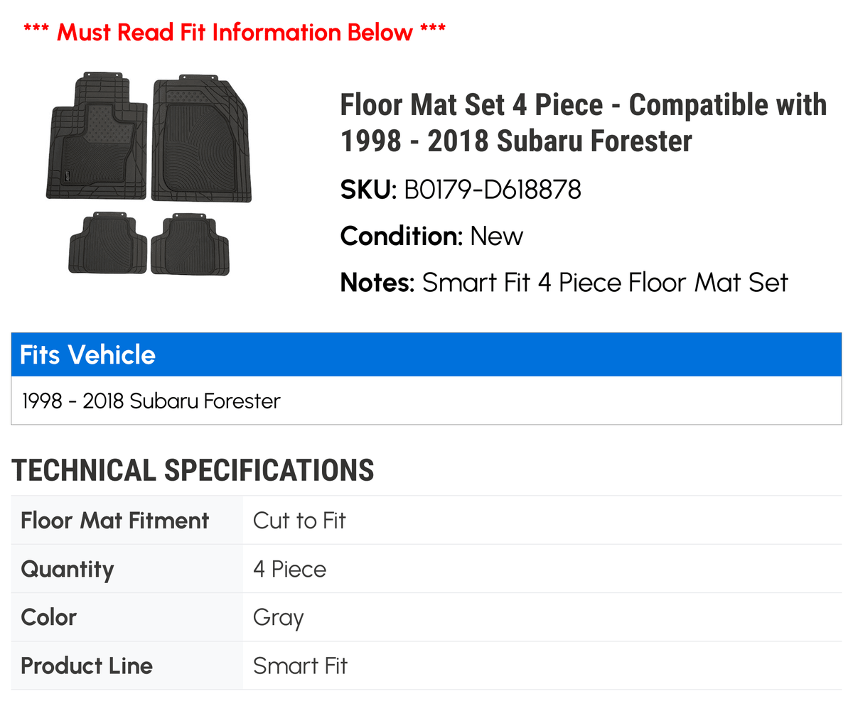 Floor Mat Set 4 Piece - Compatible with 1998 - 2018 Subaru Forester 1999 2000 2001 2002 2003 2004 2005 2006 2007 2008 2009 2010 2011 2012 2013 2014 2015 2016 2017