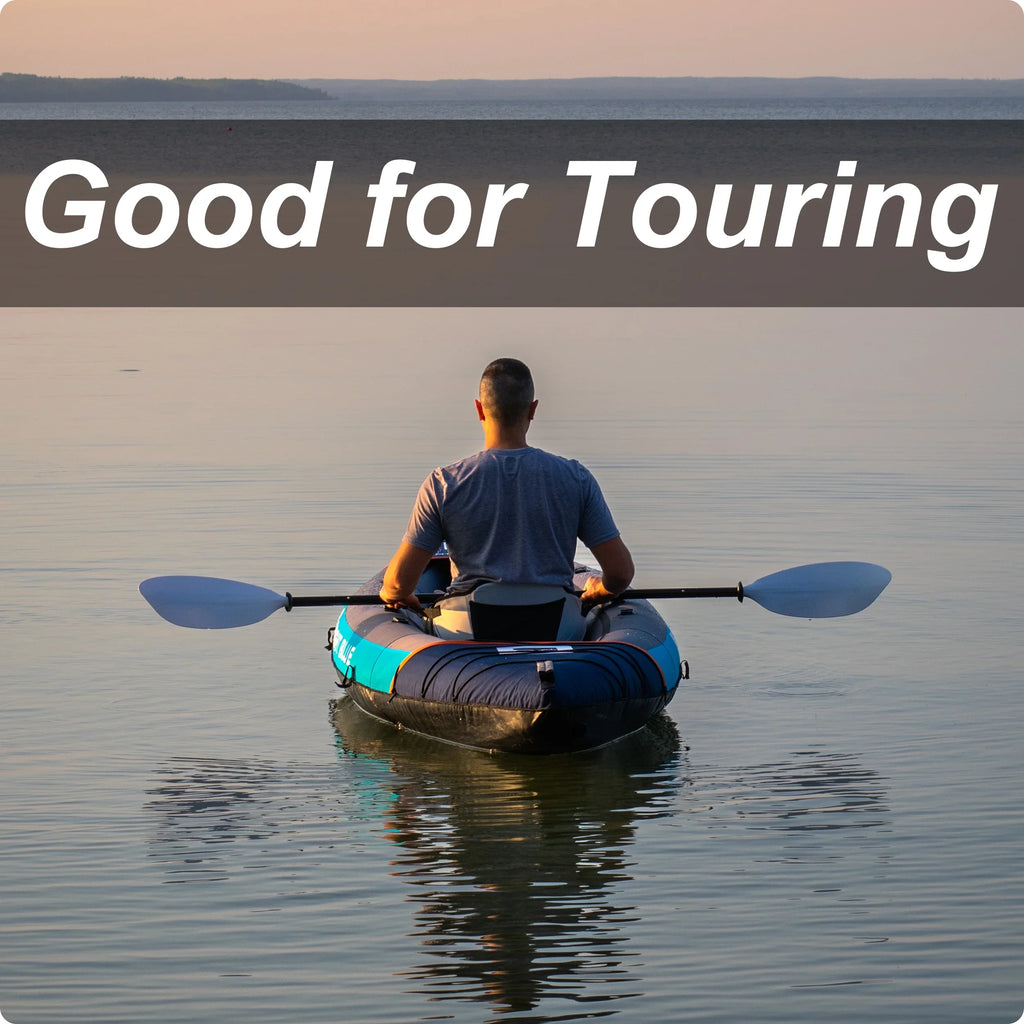 BRIGHT BLUE Inflatable Touring White Fluid Paddling Kayak 1-2 Persons sit-on with Paddles,Hand Pump,Backpack,Fins