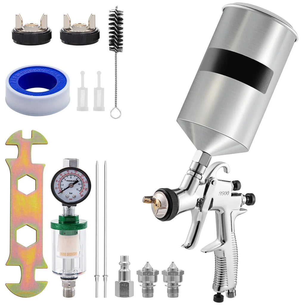 SKYSHALO HVLP Spray Gun, High Functionality Automotive Gravity Feed Spray Gun with 1.3mm 1.4mm 1.8mm Stainless Steel Nozzles, 1000cc Aluminum Cup for Auto Paint, Primer, Clear/Top Coat & Touch-Up