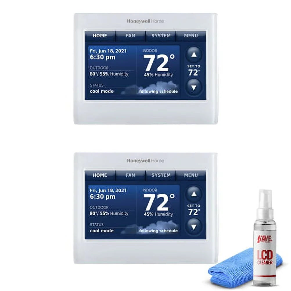 2-Pack Honeywell THX9421R5021WW 2 Wire IAQ High Definition Touch Display Thermostat with Red LINK Technology -White + LCD Cleaner