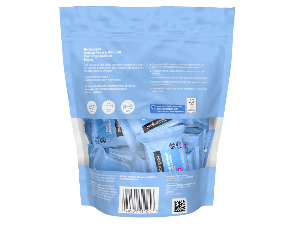 Neutrogena Makeup Remover Cleansing Towelette Singles, Daily Face Wipes to Remove Dirt, Oil, Makeup & Fluid (Pack of 3)