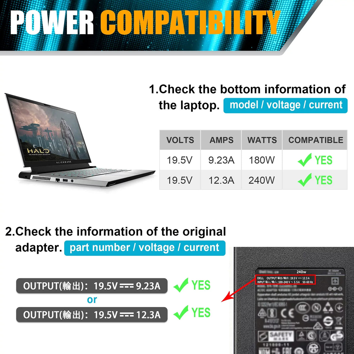 240W 180W AC Adapter Charger for Alienware 13 15 17 R1 R2 R3 R4 Series, Alienware X51 M17 M15 M17X M18X, Precision 7710 7730 7520 M6700 M6800 PA-9E Notebook Charger Power Supply Cord