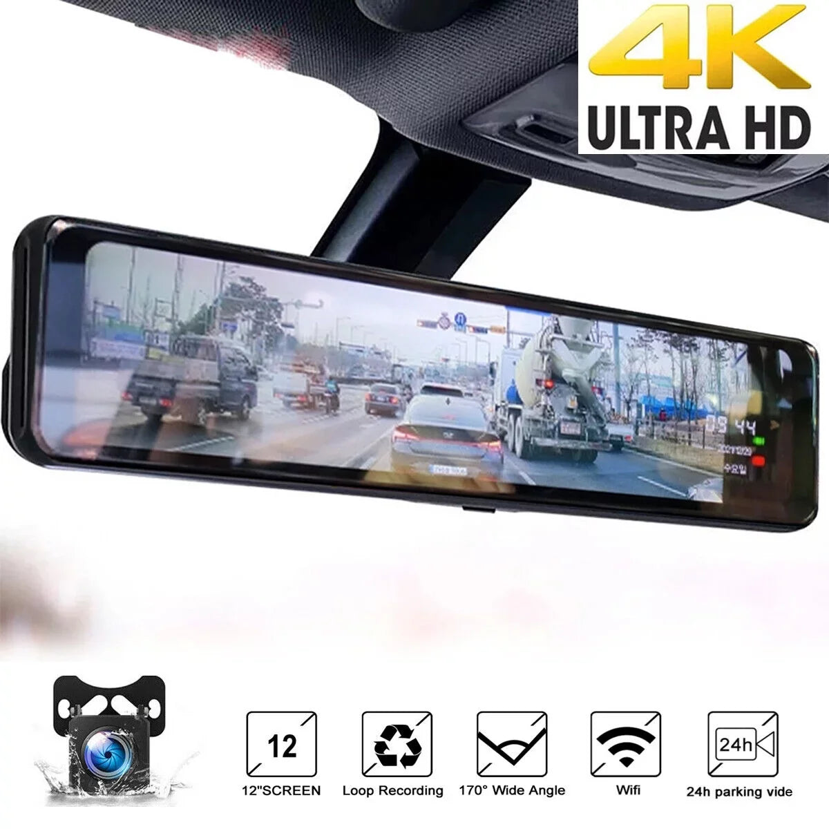 Ele-mall 4K Car Dual Dash Cam, 12inch Touch Monitor Front Rear Dual Dash Camera for Car w/Night Vision Backup Camera G-Sensor Wide Angle