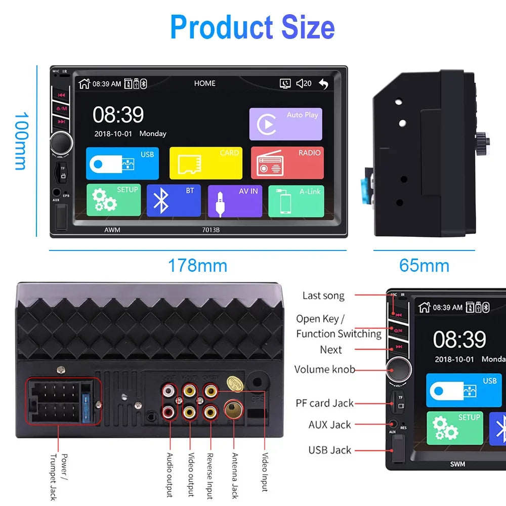 Podofo 2 Din Car Stereo with D-play 7 inch Touch Monitor Car MP5 Player Car Radio Bluetooth USB with 4 LED Rear View Camera