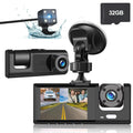 Dash Cam Front Rear Inside W/32GB TF Card, 3 Channel Dual Dash Camera, 1080P Car Camera DVR Backup Cam, 3 Way Triple Dashboard Driving Recorder, Inside IR Night Vision, G-Sensor
