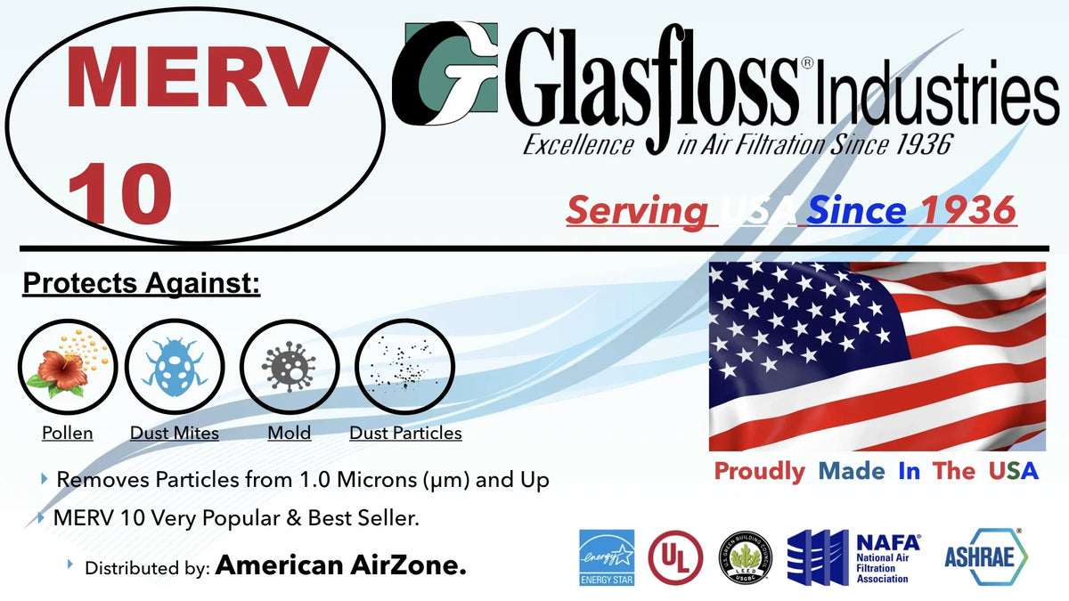 Glasfloss Air Filter 10x25x2 - 2" MERV 10 - (Pack of 6) - Pleated AC or HVAC Air Filter - Furnace Air Filter - Home or Office - Made In The USA.