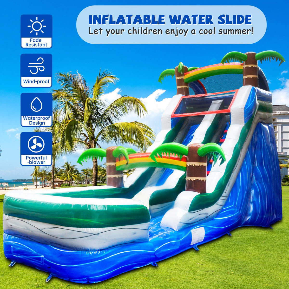 GOOSH 16 ft Palm Tree Inflatable Fluid Slide with Air Blower, Kids Blow Up Liquid Slide, Outdoor Commercial Liquid Slide-Climbing Wall, Slides & Splash Pool