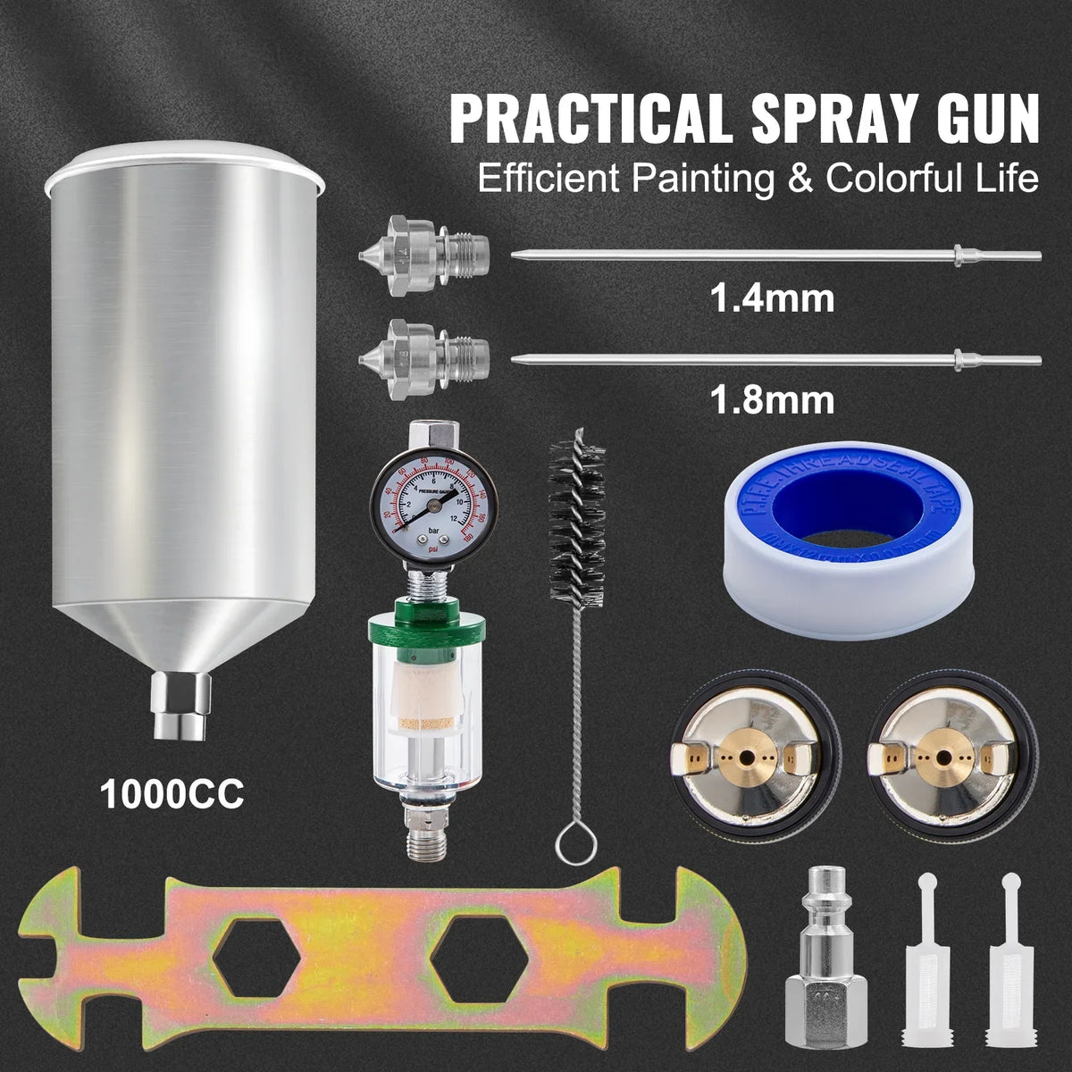 SKYSHALO HVLP Spray Gun, High Functionality Automotive Gravity Feed Spray Gun with 1.3mm 1.4mm 1.8mm Stainless Steel Nozzles, 1000cc Aluminum Cup for Auto Paint, Primer, Clear/Top Coat & Touch-Up