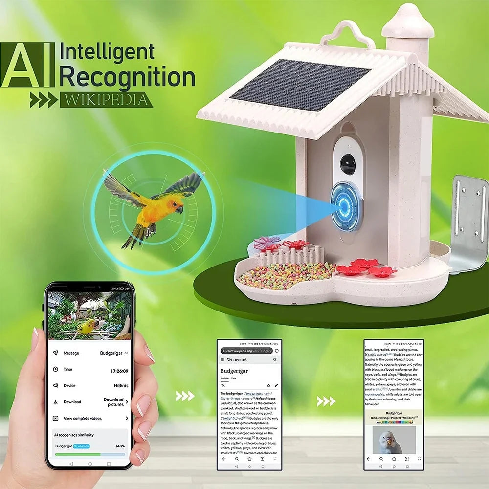 Anself WIFI Smart Bird Feeder Camera 1080P Auto Capture Bird Video Motion Detection Real-time Notification AI Identify Bird Species IP65 Liquid 128G TF Cards for Bird Watching Enthusiasts