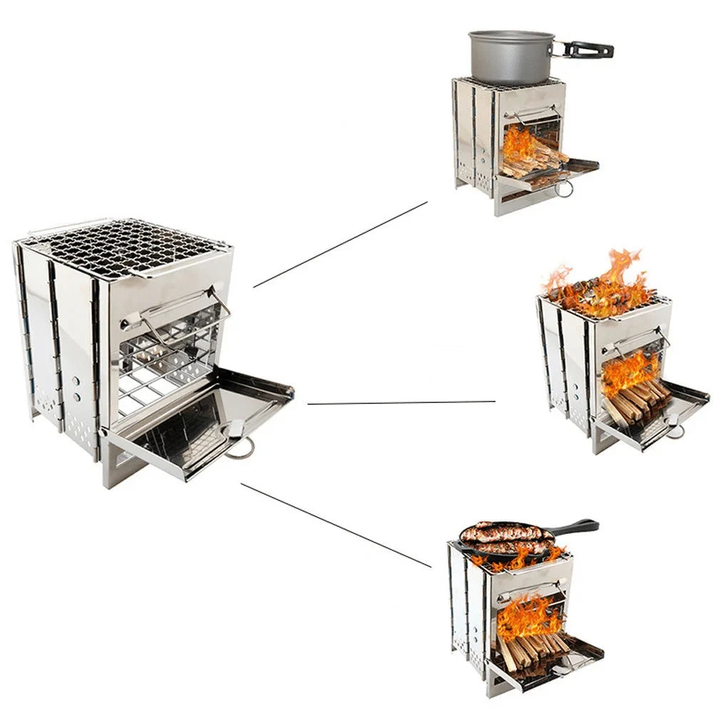 Portable Folding Camping Wood Stove For Outdoor Cooking, Sturdy Lightweight Stainless Steel Wood Burning Camp Stove With Grill For Backpacking BBQ Picnic
