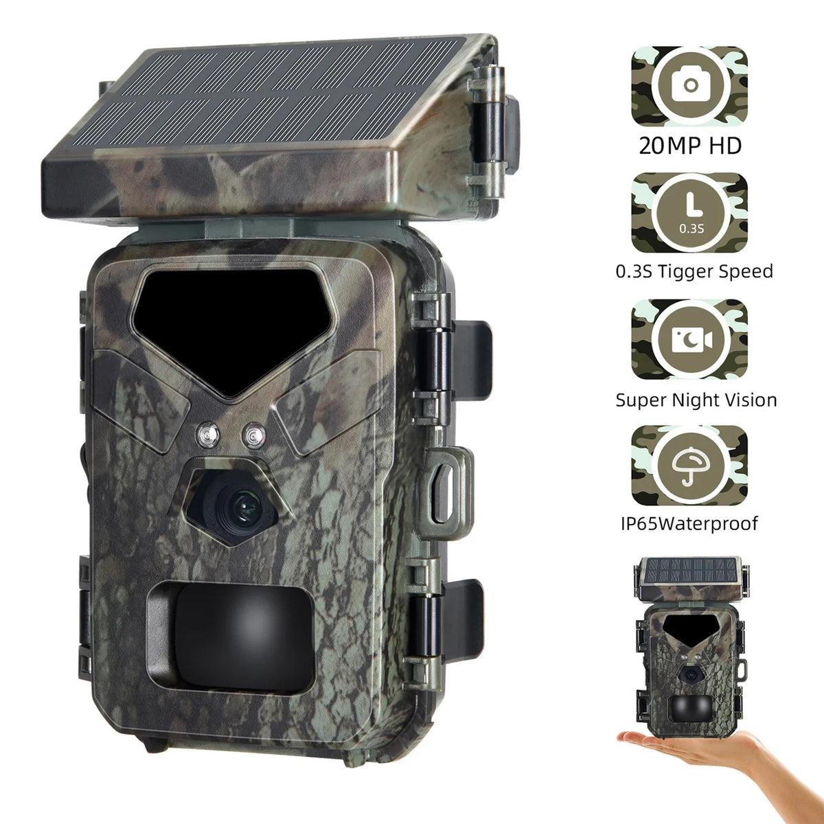 TOMSHOO Trail Camera Solar Powered 20MP 1080P Game Camera 0.3s Trigger Time Hunting Cam with Night Vision Motion Activated IP65 Liquid Loop Recording for Wildlife