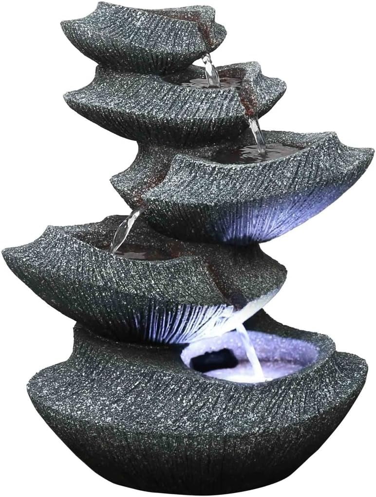 Modern Stone Tiers 14" Fountain W/LED Light: Small Indoor/Outdoor Fluid Feature For s, Entryways, Gardens & Patios. Hand-Crafted Design. HF-B16-14LT