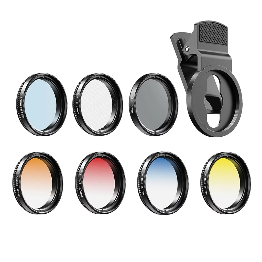 APEXEL Professional 7in1 Phone Graduated Lens Filter Kit 37mm APL-37UV-7G with Red Blue Yellow Orange CPL Star Filters Suitable for Most Smartphones and 37mm Camera Lenses