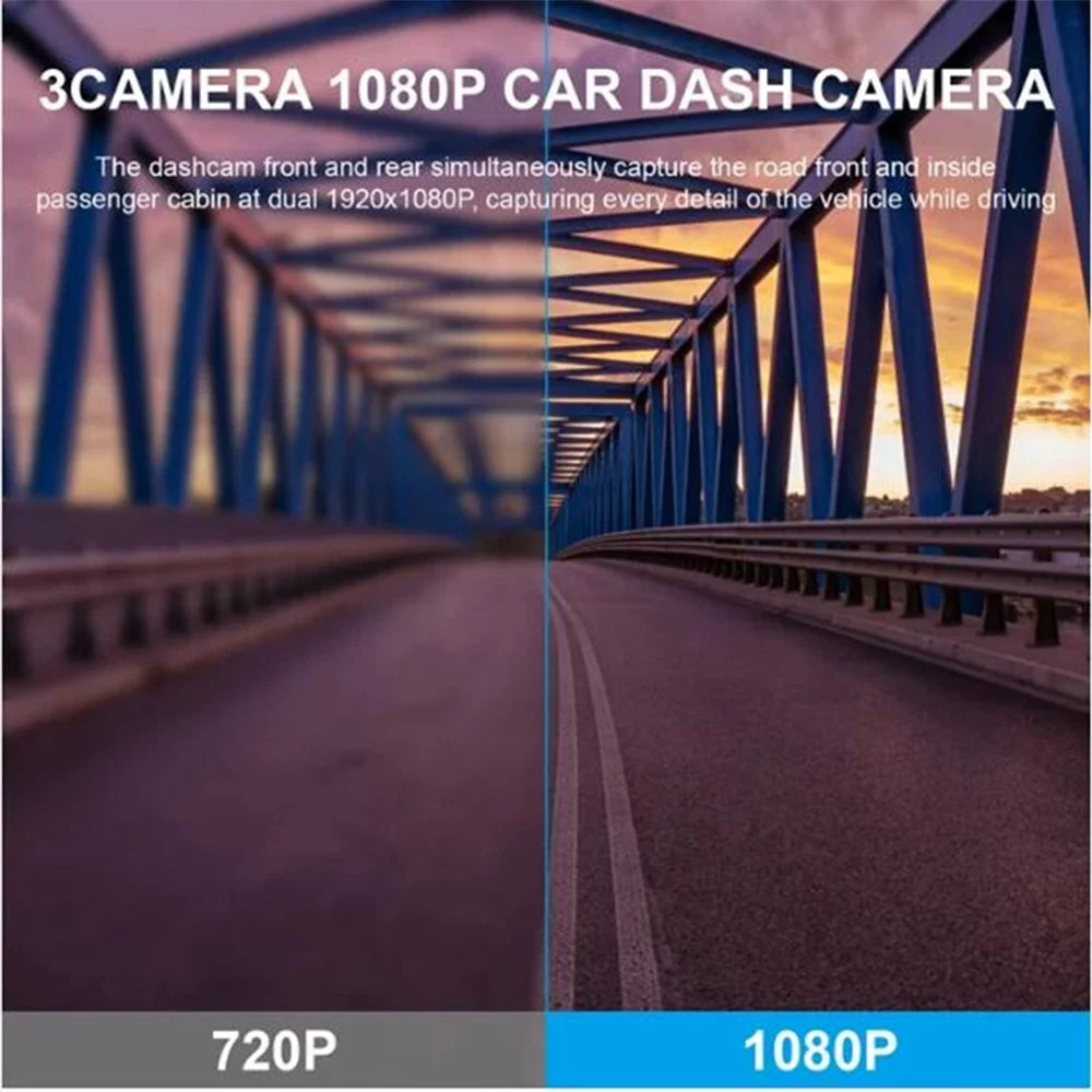 ALLTIMES 1080HD Car Dash Cam Recorder, 3 in 1 Cameras Front Interior Rear 2" HD IPS Display Monitor G-Sensor, Motion Detection, Loop Recording, with Car Charger and Video Cable