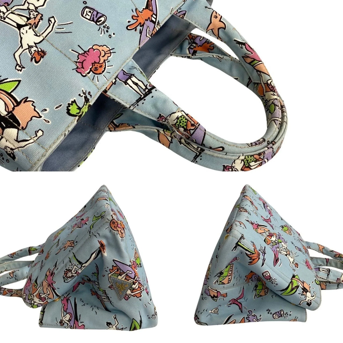 Pre-Owned PRADA Prada Triangle Canapa Surfing Pattern Canvas Handbag Tote Bag Blue Multicolor 25905 (Good)