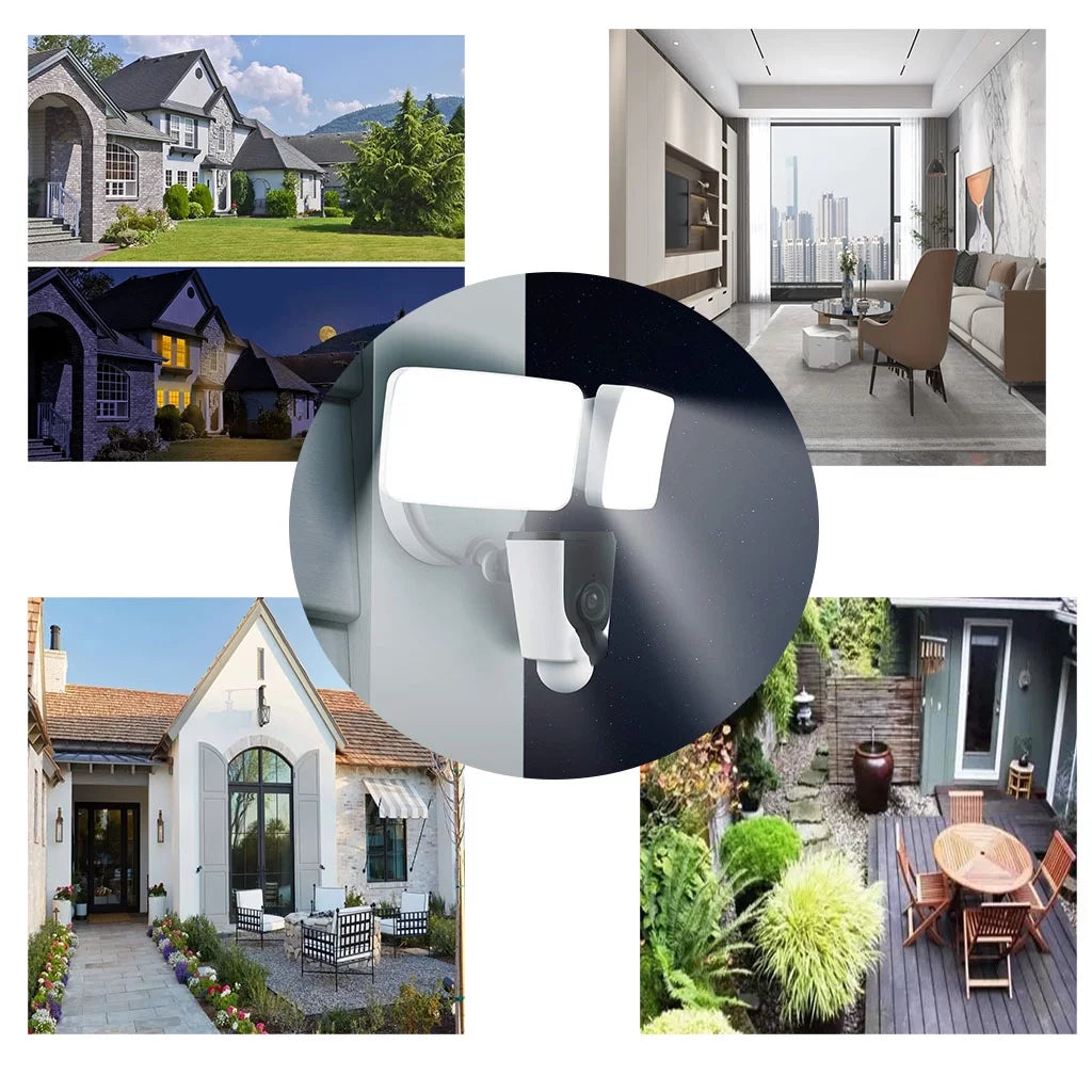 Floodlight Camera, Smart Home 1080P Security Outdoor Camera Wireless WiFi with Flood Light, Built-in Siren Alarm, 114 View, IP65 Fluid MicroSD & Cloud Storage,