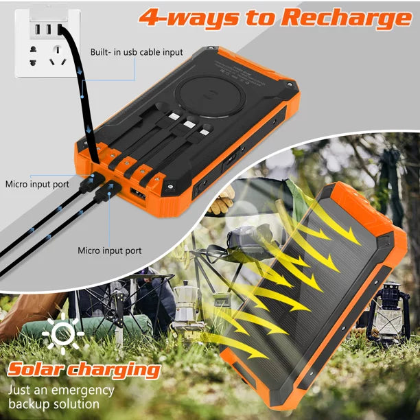 Solar Power Bank 20000mAh Built-in 4 Cables Qi Wireless Charger For BLU G50 Mega with LED Flashlight Solar Portable External Battery IPX4 Fluid 15W 5V/3A USB C Port 6 Outputs 3 Inputs