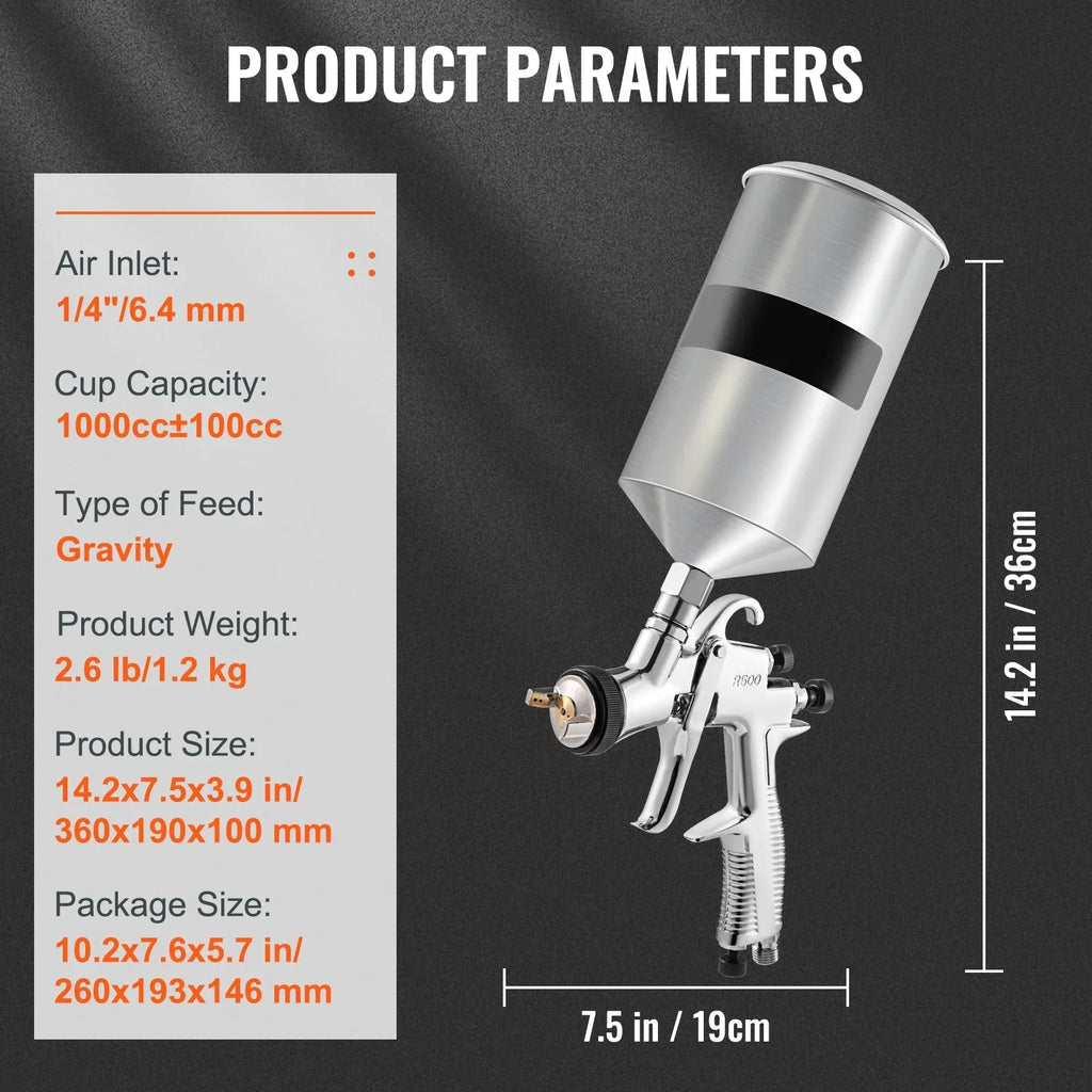 SKYSHALO HVLP Spray Gun, High Functionality Automotive Gravity Feed Spray Gun with 1.3mm 1.4mm 1.8mm Stainless Steel Nozzles, 1000cc Aluminum Cup for Auto Paint, Primer, Clear/Top Coat & Touch-Up
