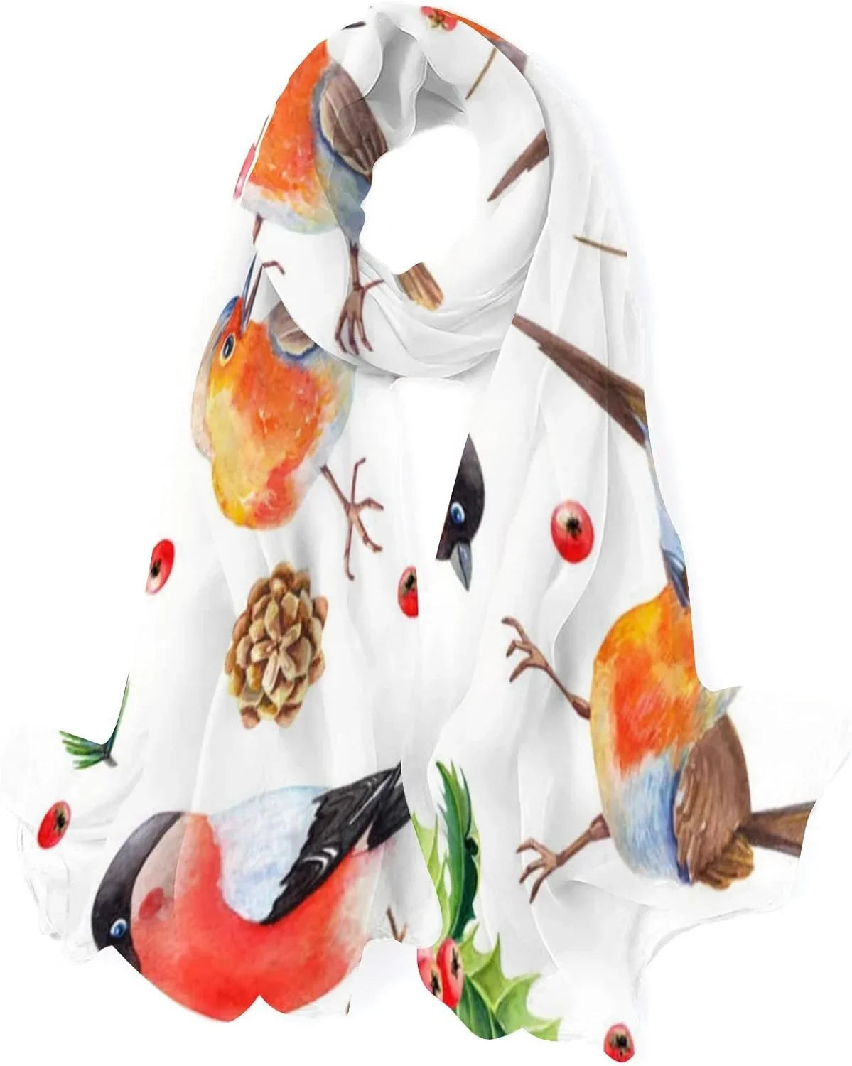 Hyjoy Christmas Liquid Bird with Leaves Long Silk Neck Scarf Lightweight Shawl Wrap Scarves for Women Girls