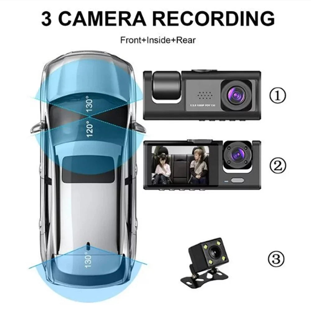 ALLTIMES 1080HD Car Dash Cam Recorder, 3 in 1 Cameras Front Interior Rear 2" HD IPS Display Monitor G-Sensor, Motion Detection, Loop Recording, with Car Charger and Video Cable