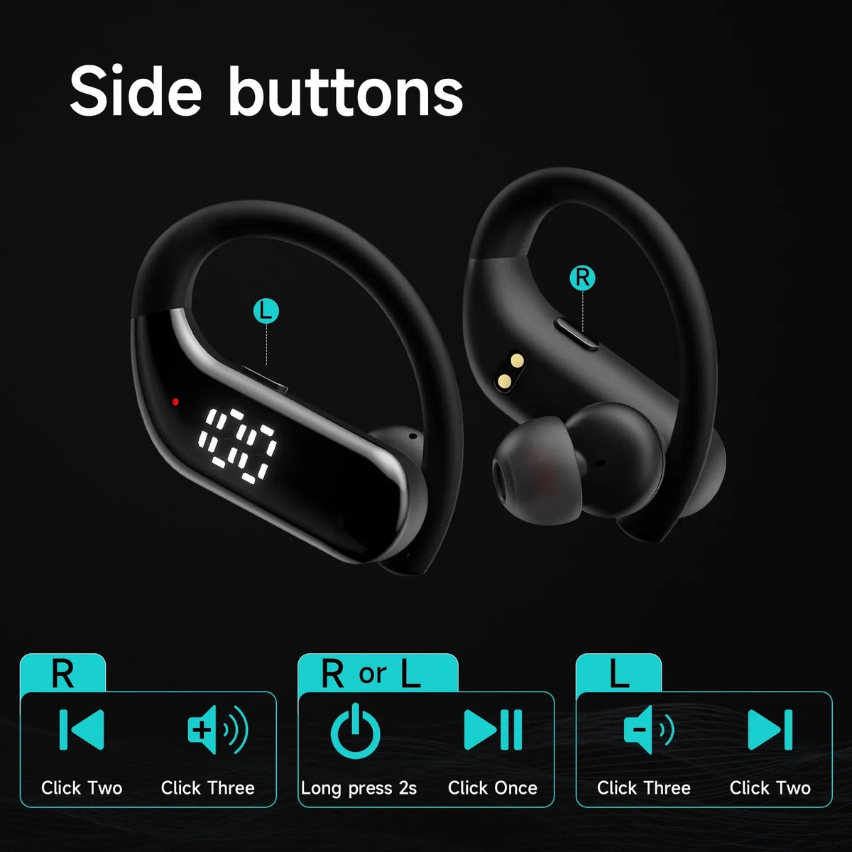 Bluetooth 5.3 Headphones Wireless Earbuds 100hrs Playtime Wireless Charging Case Digital Display Sports Ear buds with Earhook Premium Deep Bass Liquid Over-Ear Earphones for TV Phone Mobile pc Black