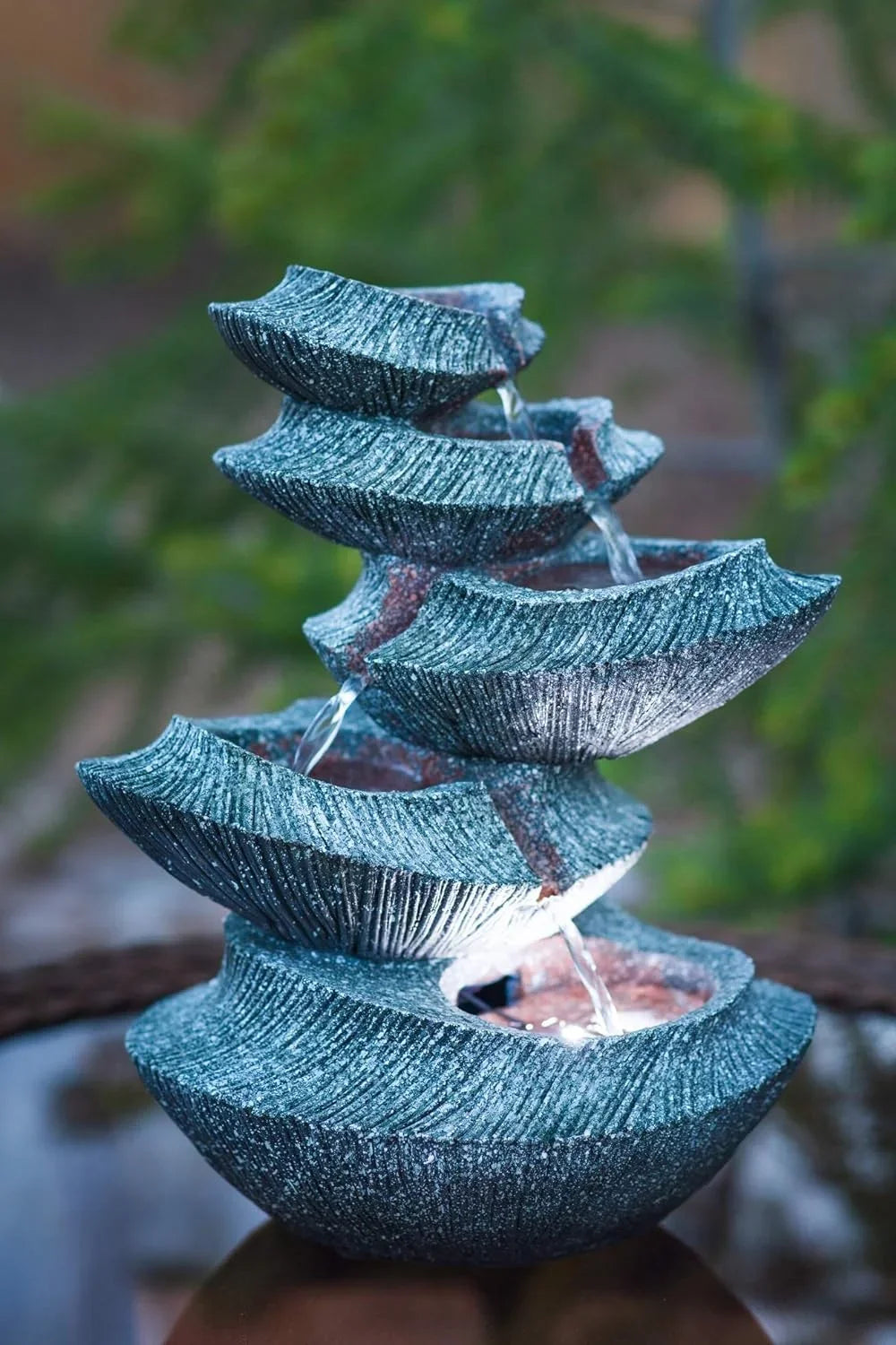 Modern Stone Tiers 14" Fountain W/LED Light: Small Indoor/Outdoor Fluid Feature For s, Entryways, Gardens & Patios. Hand-Crafted Design. HF-B16-14LT