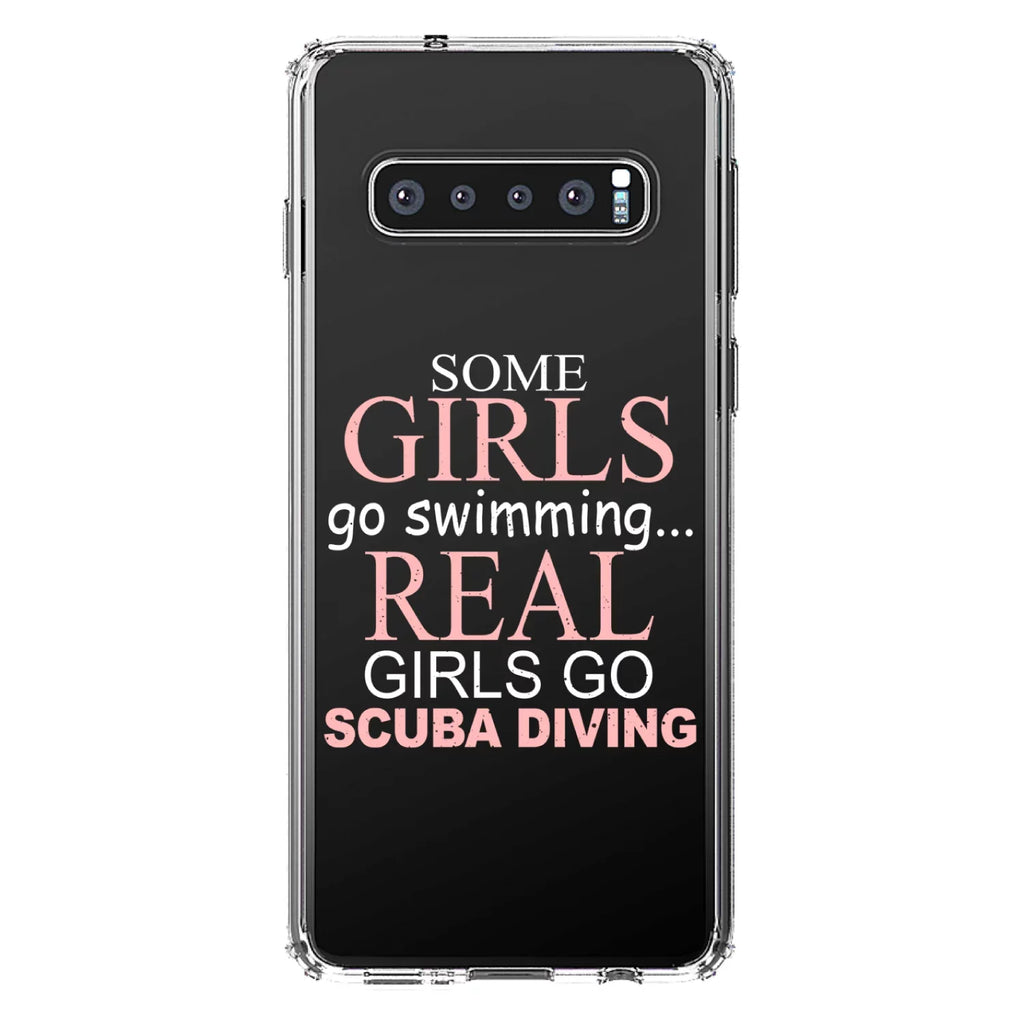 DistinctInk Clear Shockproof Hybrid Case for Galaxy S10+ PLUS (6.4" Display - TPU Bumper Acrylic Back Tempered Glass Monitor Protector - Real Girls Go Scuba Diving