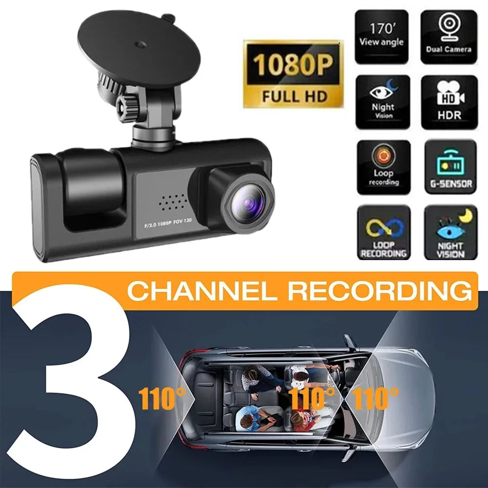 ALLTIMES 1080HD Car Dash Cam Recorder, 3 in 1 Cameras Front Interior Rear 2" HD IPS Display Monitor G-Sensor, Motion Detection, Loop Recording, with Car Charger and Video Cable