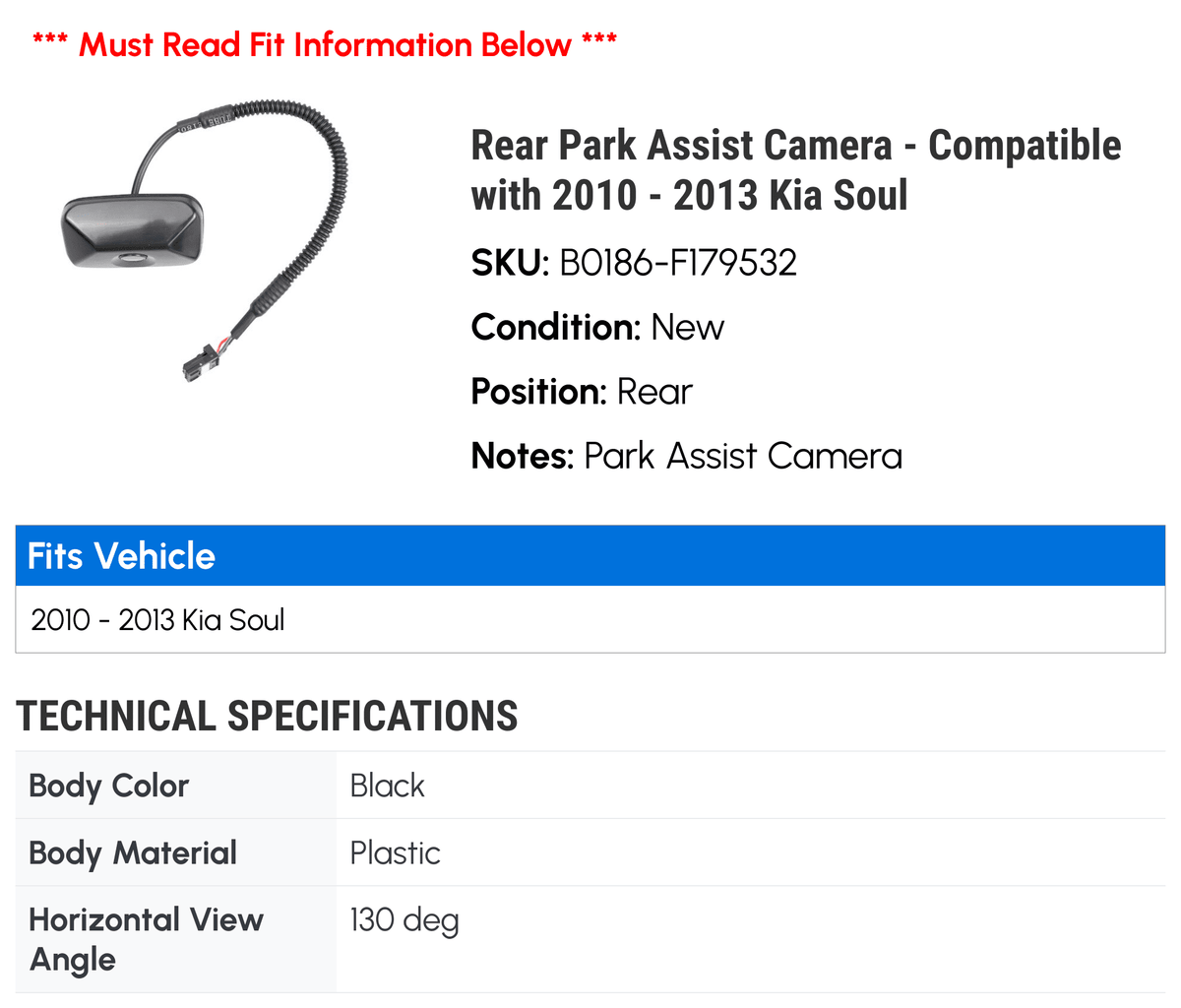 Rear Park Assist Camera - Compatible with 2010 - 2013 Kia Soul 2011 2012