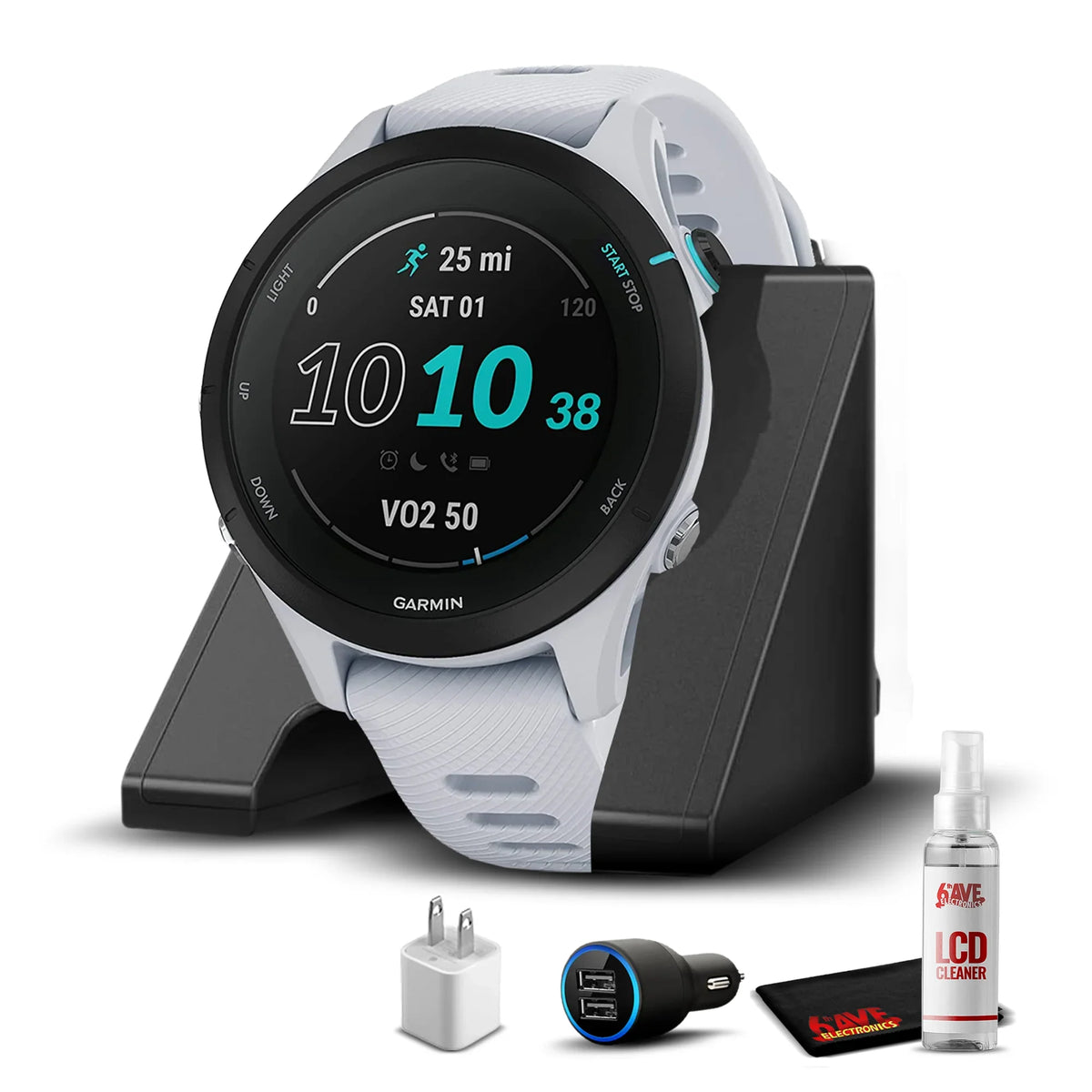 Garmin Forerunner 255S Music, Smaller GPS Running Smartwatch with Music, Advanced Insights, Long-Lasting Battery, Whitestone with Charging Base, USB Car/Wall Adapters & 6Ave Cleaning Kit