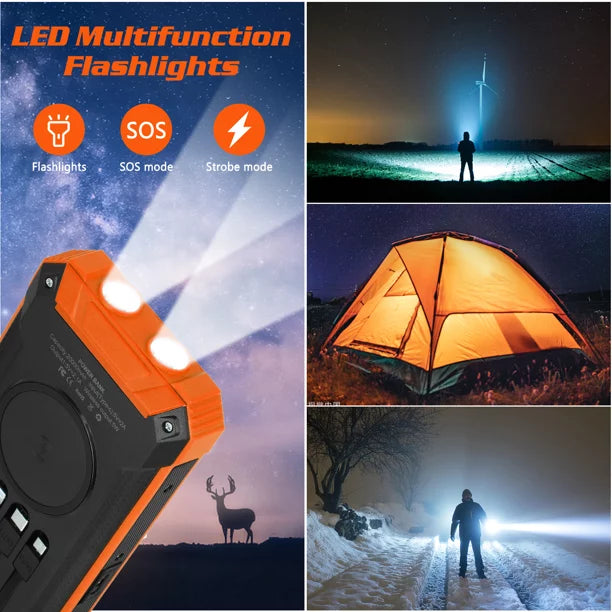 Solar Power Bank 20000mAh Built-in 4 Cables Qi Wireless Charger For BLU G50 Mega with LED Flashlight Solar Portable External Battery IPX4 Fluid 15W 5V/3A USB C Port 6 Outputs 3 Inputs