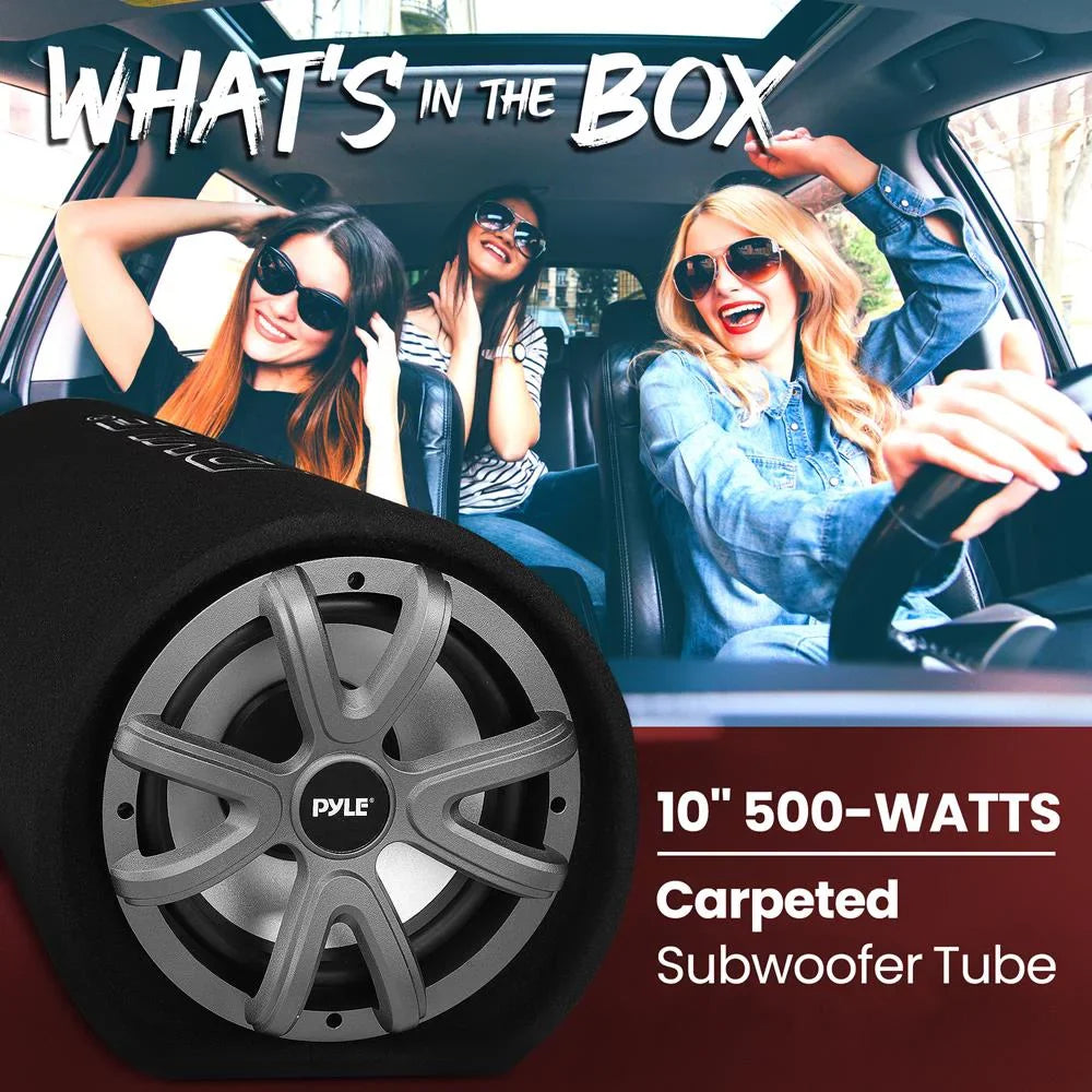 Pyle10-Inch Carpeted Subwoofer Tube Speaker 500-Watt High Power Car Audio Sub Bass Enclosure System