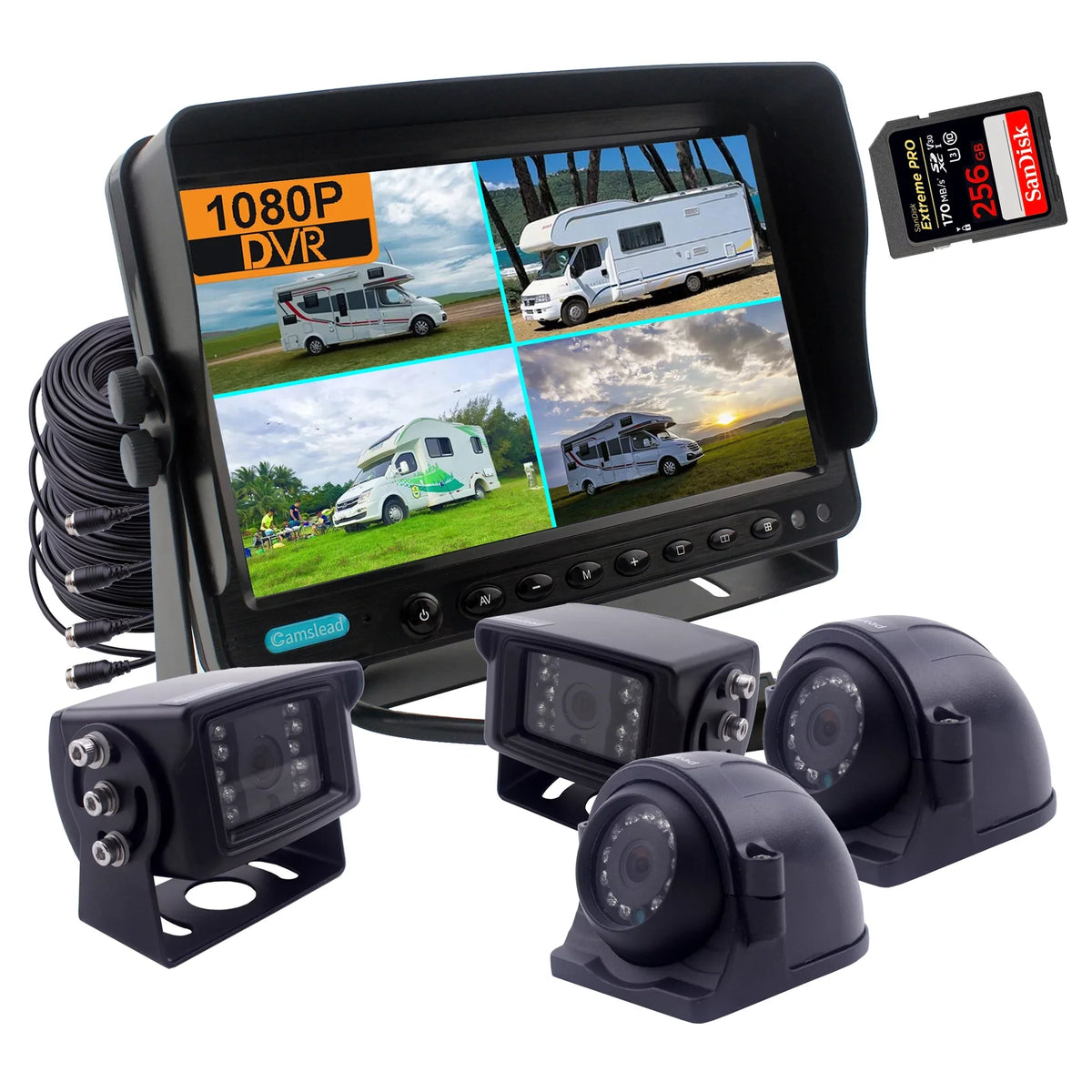 CAMSLEAD 7 Inch Monitor 1080P HD Rear View Camera System HD DVR Recorder Support 256GB SD Card 4CH Input Quad Split Display 1080P Rear & Side Camera for Truck Trailer- mobile homes