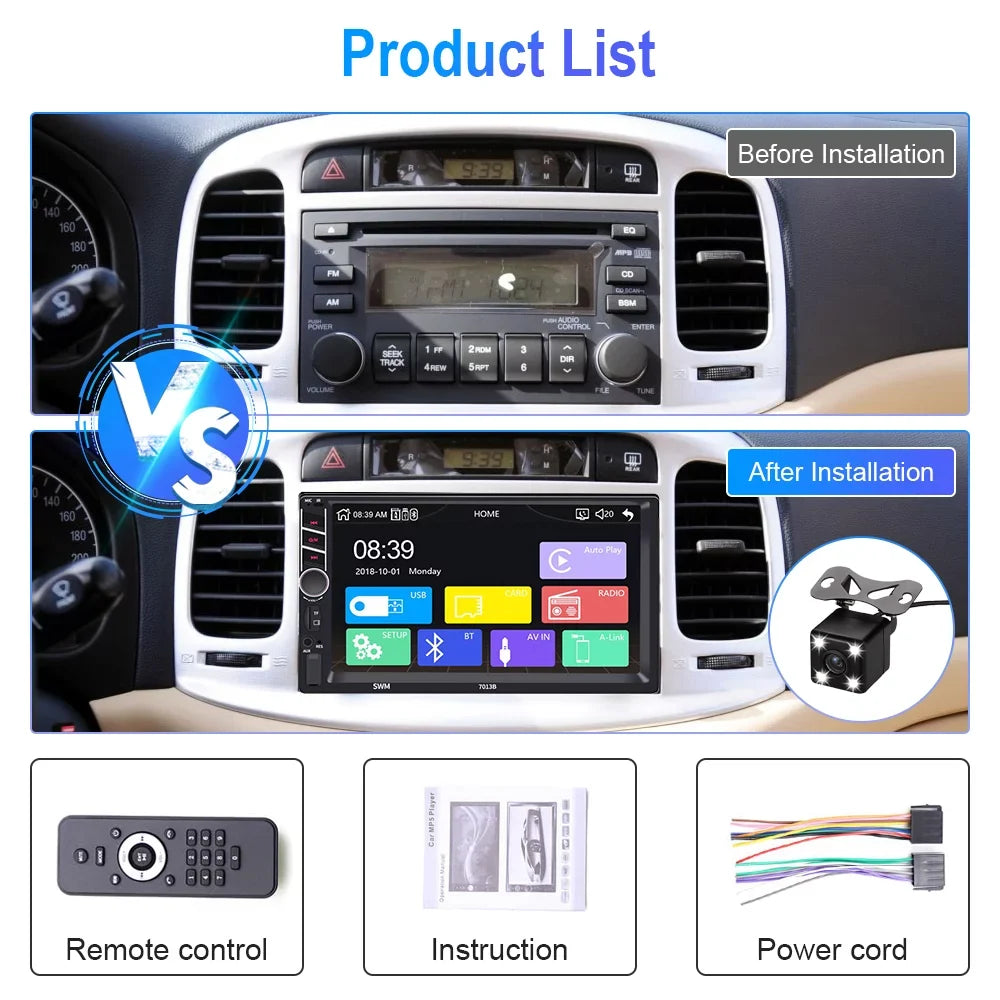 Podofo 2 Din Car Stereo with D-play 7 inch Touch Monitor Car MP5 Player Car Radio Bluetooth USB with 4 LED Rear View Camera