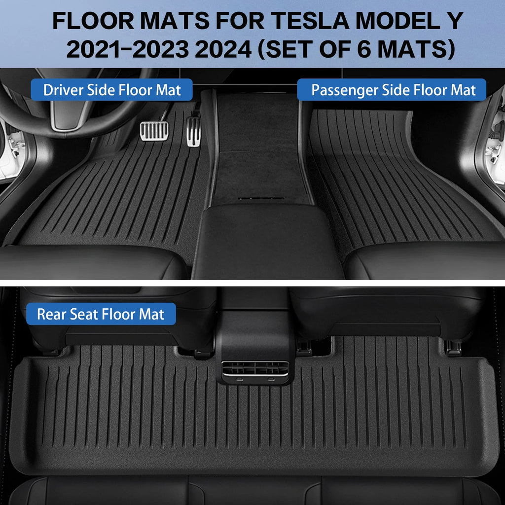 WEIZE Floor Mats Set for Tesla Model Y 2021-2023 2024, All Weather TPE Fluid Anti-Slip Front & Rear Trunk Mats Cargo Liners Accessories, Custom Fit for Tesla 5-Seater, Set of 6 Mats