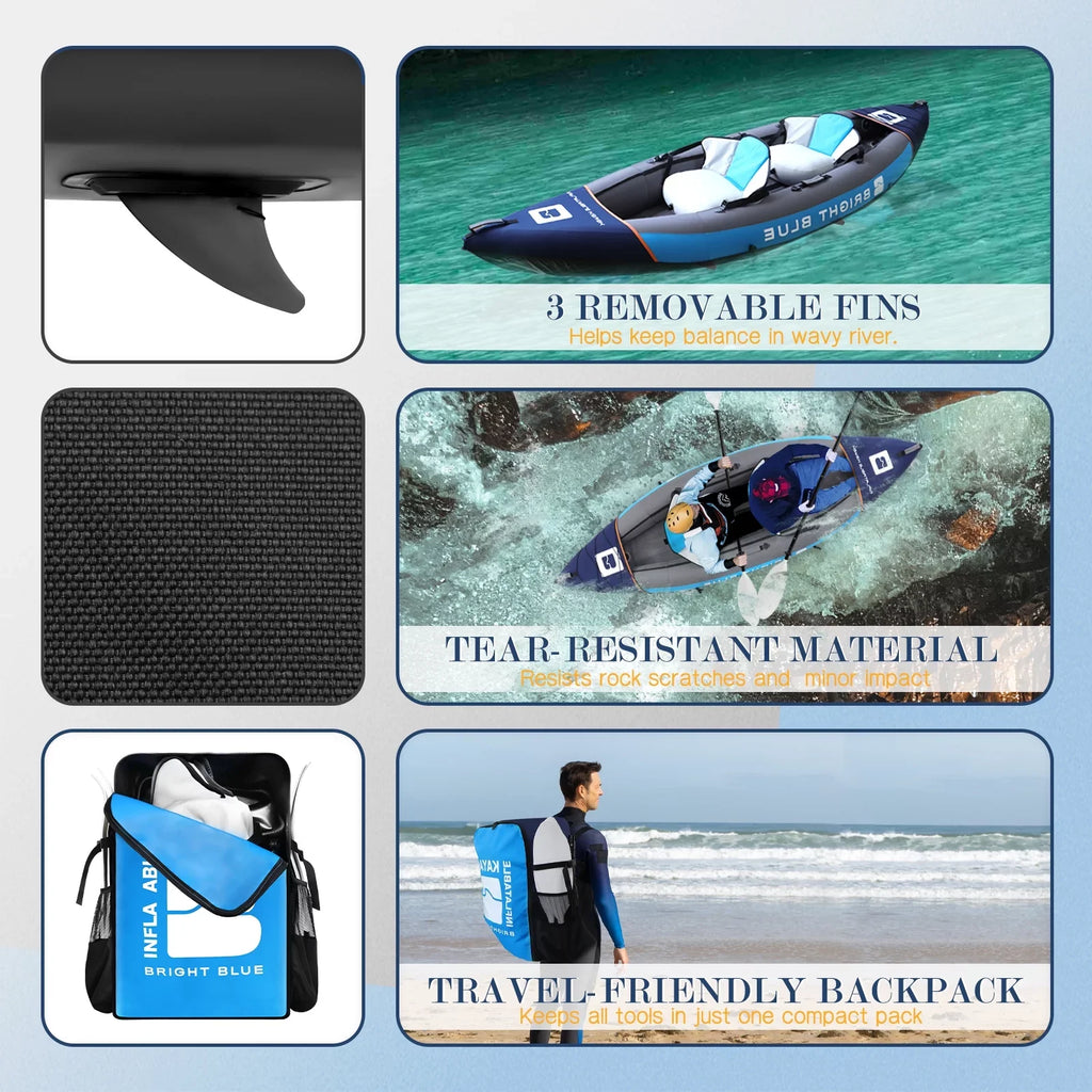 BRIGHT BLUE Inflatable Touring White Fluid Paddling Kayak 1-2 Persons sit-on with Paddles,Hand Pump,Backpack,Fins