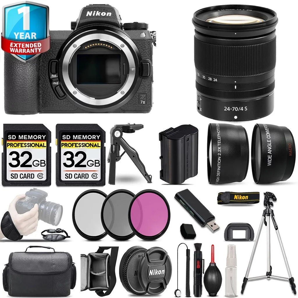 Z7 II Mirrorless Camera with 24-70mm f/4 S Lens + 0.43X Wide Angle Lens + 2.2x Telephoto Lens + 3 PC Filter Set