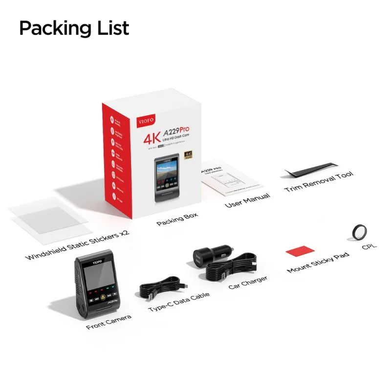 VIOFO A229 PRO 1CH 4K Front Dashcam with WiFi, GPS, and STARVIS 2