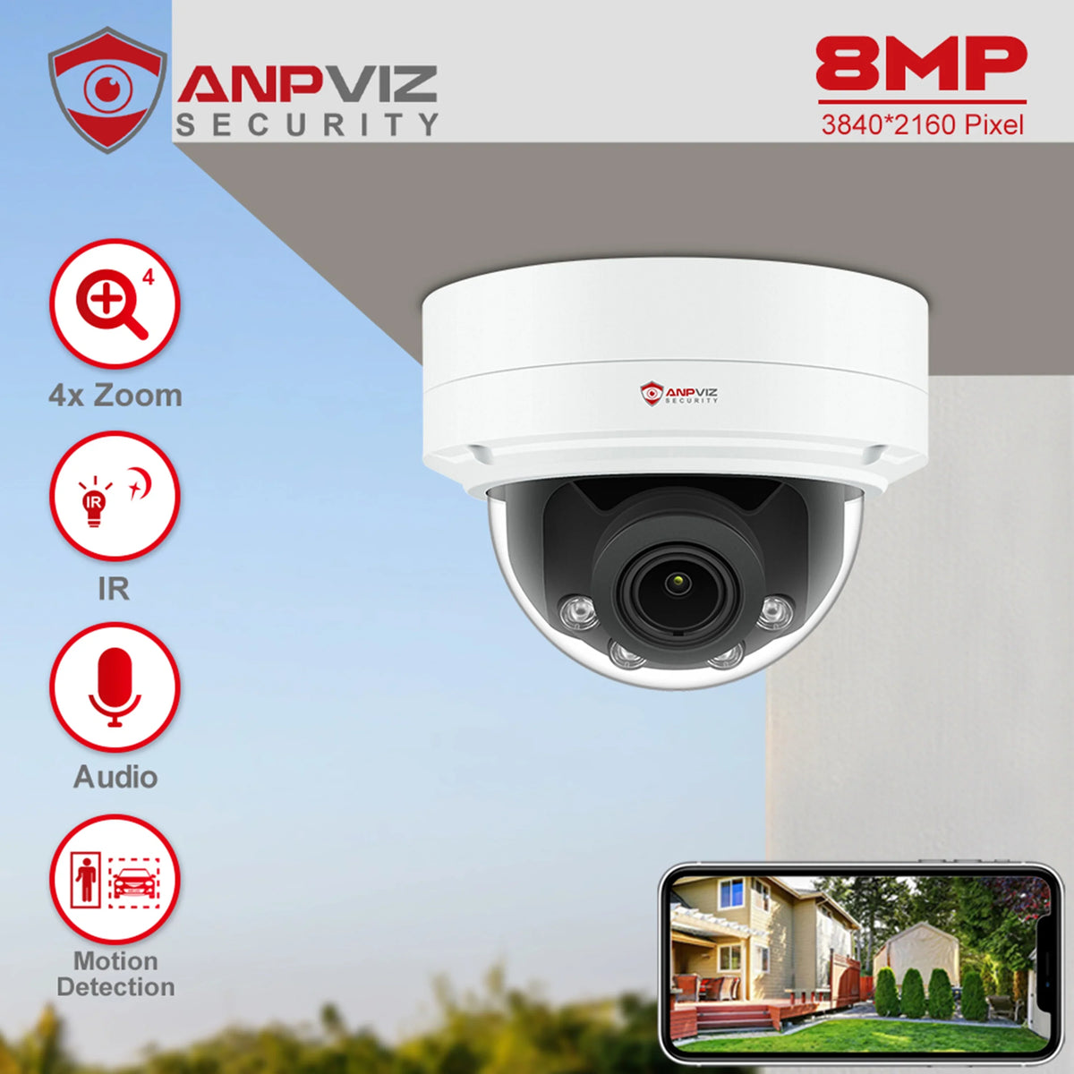 ANPVIZ 8MP IP Camera 4X Zoom Camera Support Human Vehicle Detection 30m IR Distance Built in Mic H.265 IP66