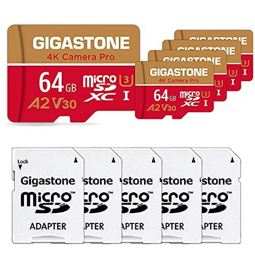 Gigastone 64GB Micro SD Card, 4K Video Recording, 4K Camera Pro, compatible with Nintendo Switch, Dash Cam, GoPro Cameras, R/W up to 95/35 MB/s, Micro SDXC UHS-I A1 V30 Class 10, 5 Pack (5x64GB)